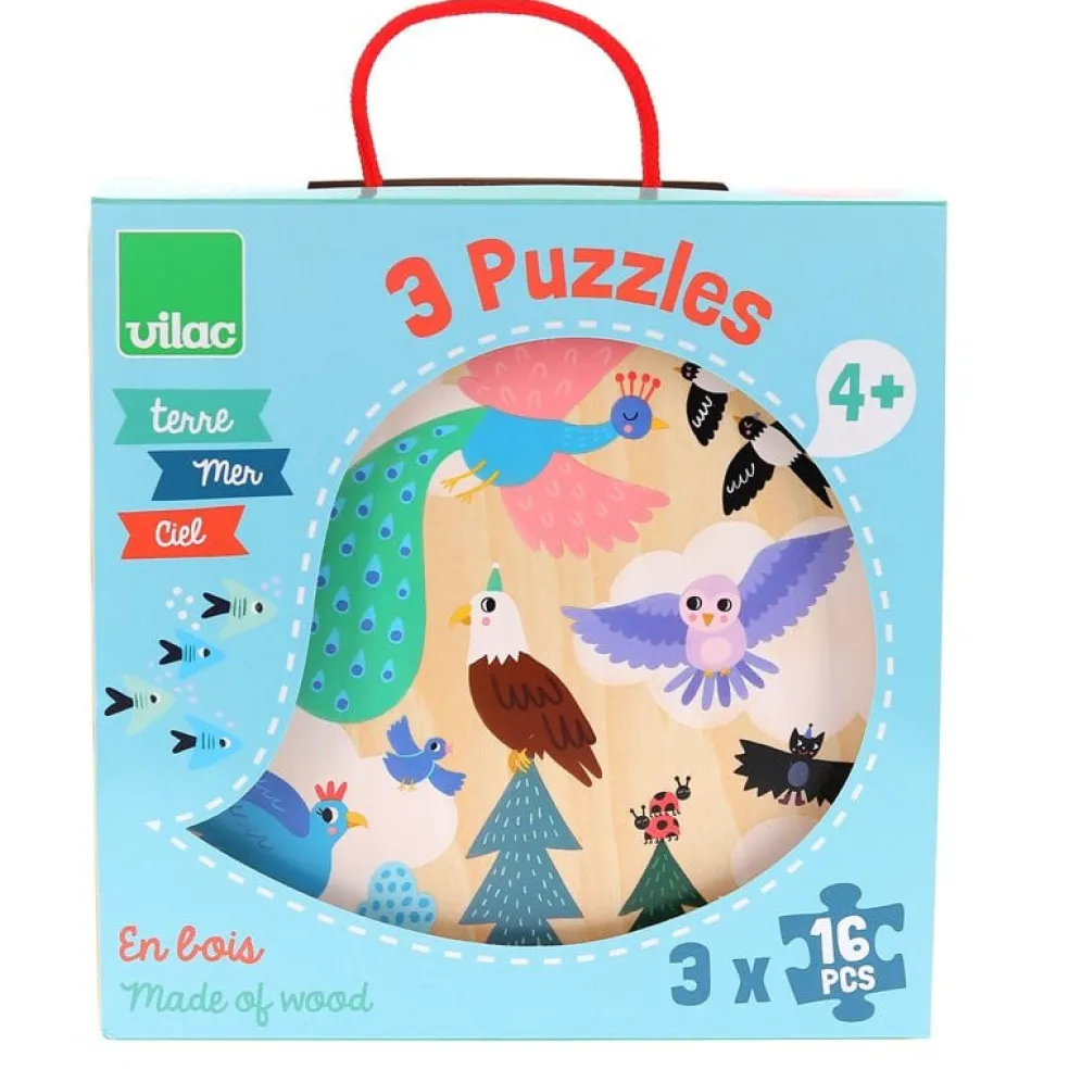 Vilac 3 Holzpuzzles Land Meer Luft 16 Teile